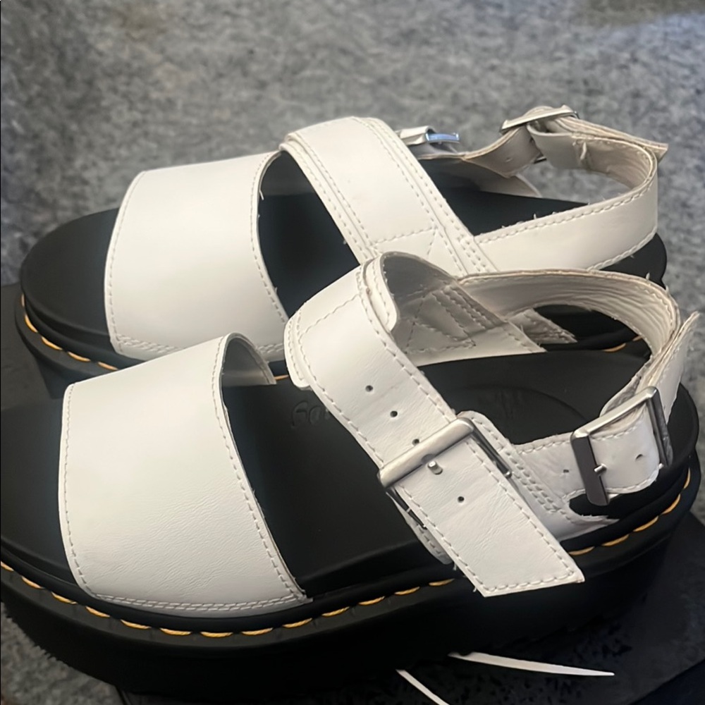 Dr. Martens White Platform Sandals with Silver Buckle